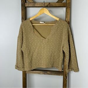 Flower & Feather Cropped Tan Knit V-Neck Sweater M